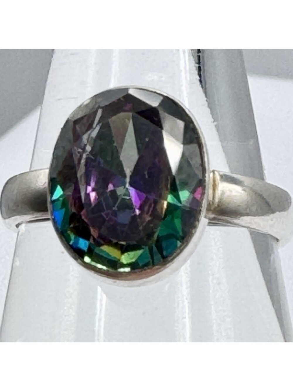 Mystic Topaz Ring Sterling Silver Rainbow Faceted Large 10mm Gemstone Size 7 - Picture 9 of 13